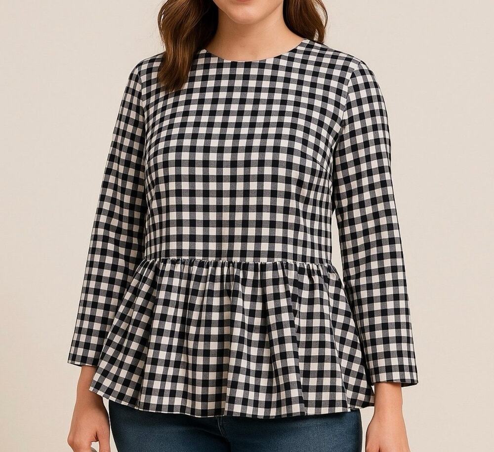 Victoria Beckham x Target Gingham Twill Peplum Top 3/4 Sleeve Navy/White Sz 1X